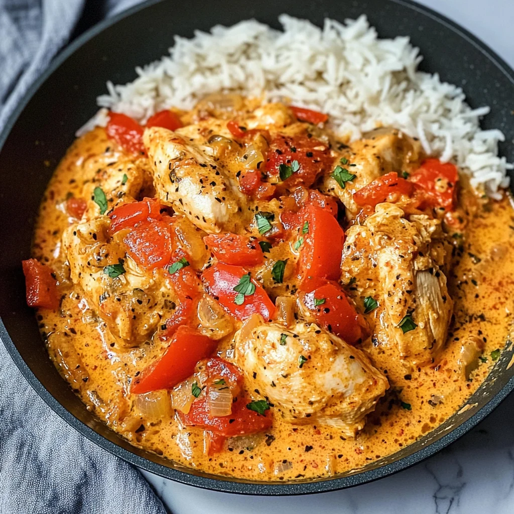 Paprika-Hähnchen-Pfanne mit Reis - cremig & lecker