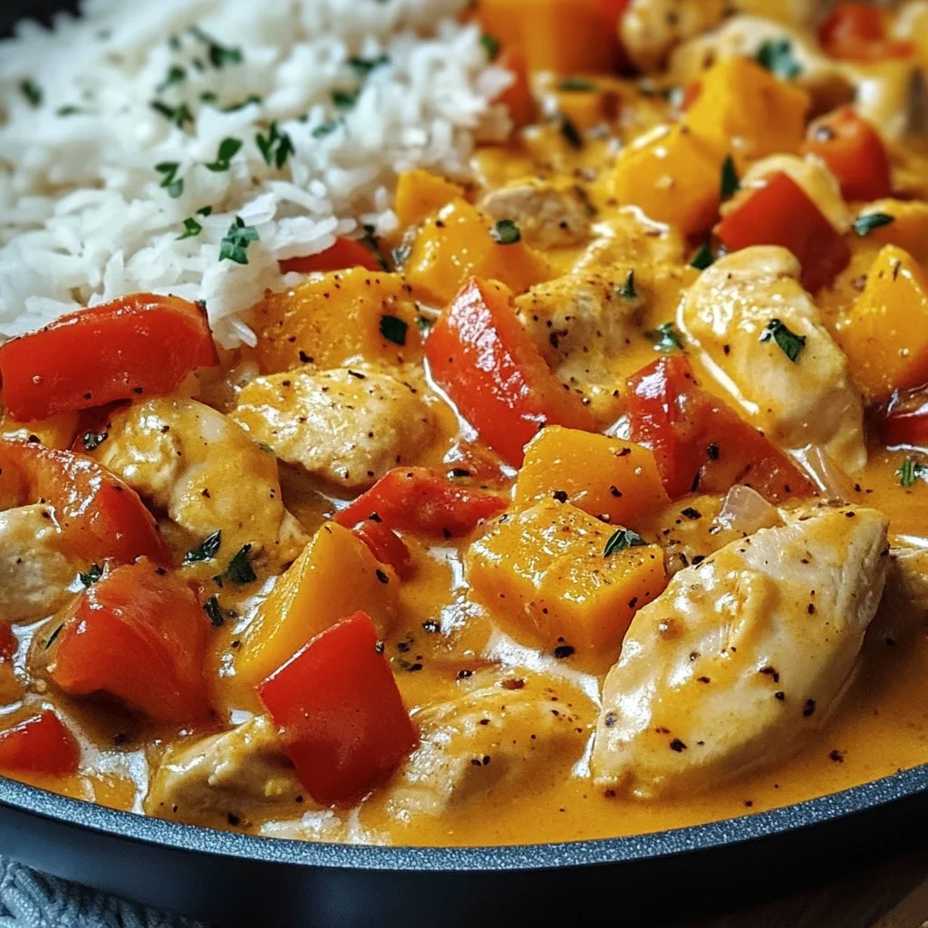 cremige Kürbis Hähnchen Pfanne mit Reis - einfaches Rezept